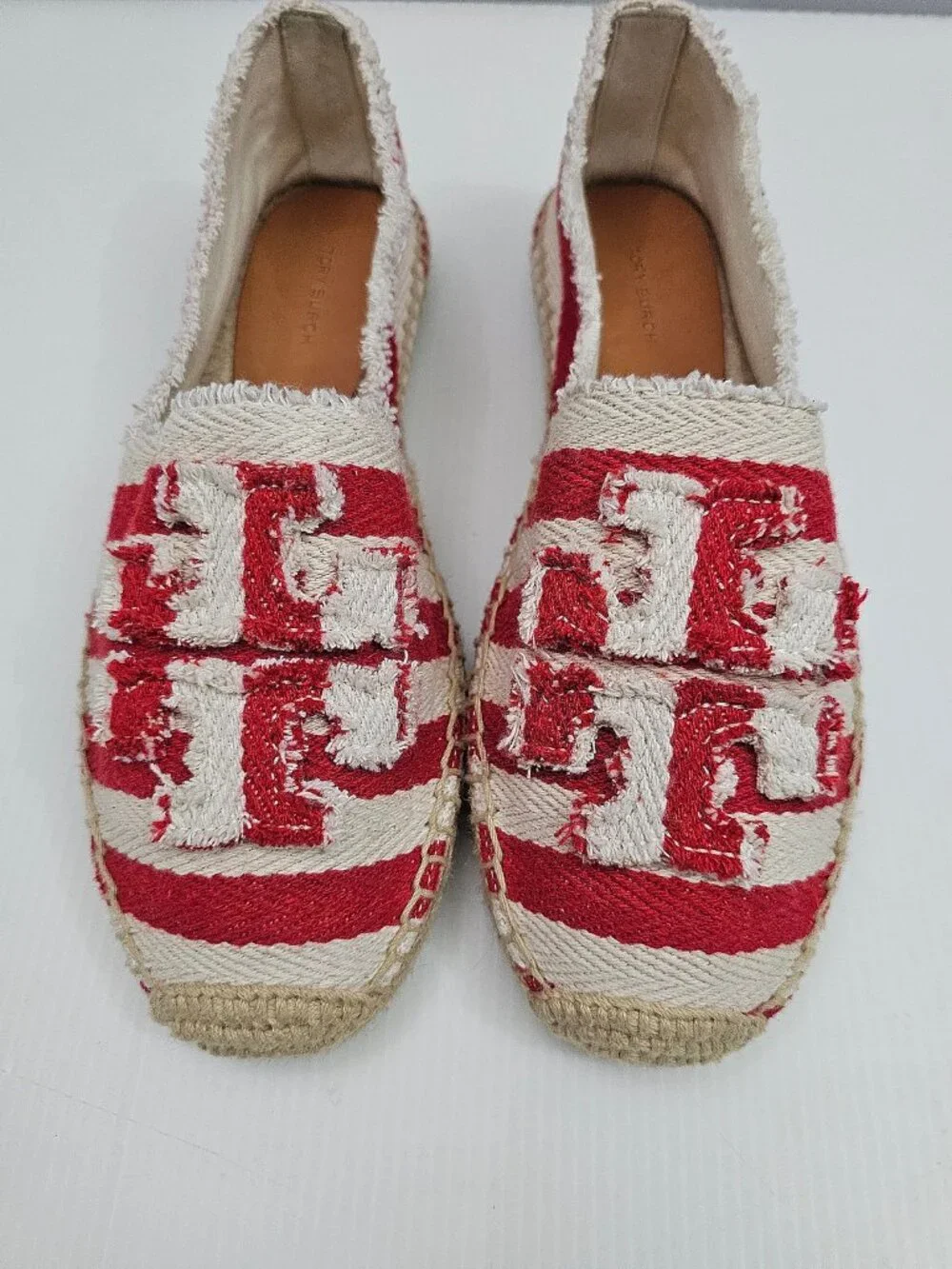 Tory Burch Fray Stripe Espadrille Flats Womens 7.5 Red White Logo Canvas Slip On